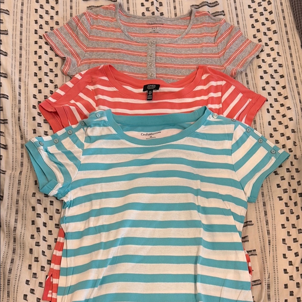 Set of 3 Striped T-Shirts - Blue, Coral, Gray